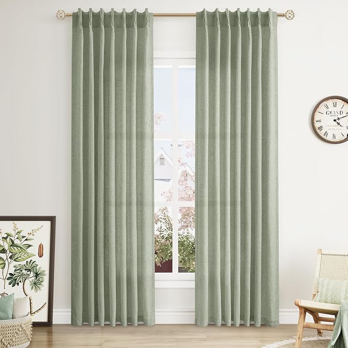 Sage Green Pinch Pleated Linen Curtains 84 Inch Length 2 Panels for Living Room Bedroom Light Filtering Green Semi Sheer Window Curtain Boho Back Tab Pinch Pleat Drape with Hooks 84 Inches Long