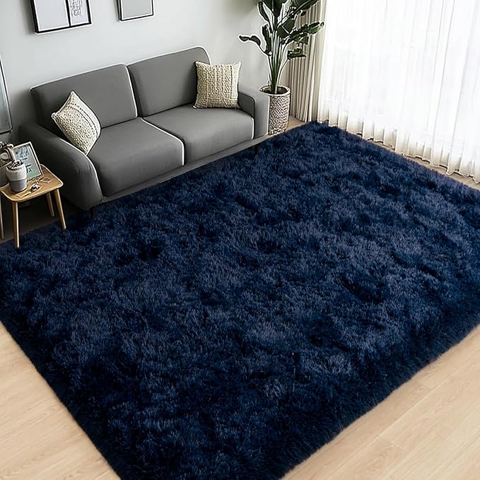 Large Area Rugs for Living Room Bedroom 8x10 Navy Blue Shag Rugs | Ultra Soft Fluffy Shaggy Plush Fuzzy Modern Indoor Throw Floor Carpet for Kids Girls Boys Dorm Nursery Home Decor Aesthetic