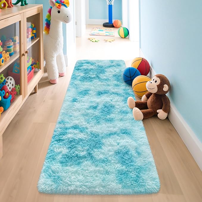 Light Blue Fluffy Rug for Bedroom Living Room, 2x6 ft Soft Sky Blue Bedroom Runner Rug for Bedside Kids Boys Room Hallway, Washable Fuzzy Kids Rugs Plush Shag Carpet for Nursery Dorm