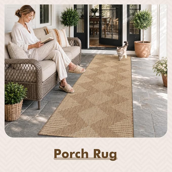 MontVoo-2x6 ft Indoor Outdoor Runner Rugs for Entryway Porch Hallway Kitchen Door Entrance Long, Textured Weave Polypropylene, Durable for High Traffic, Fade-Resistant, Boho Geometric Neutral Brown