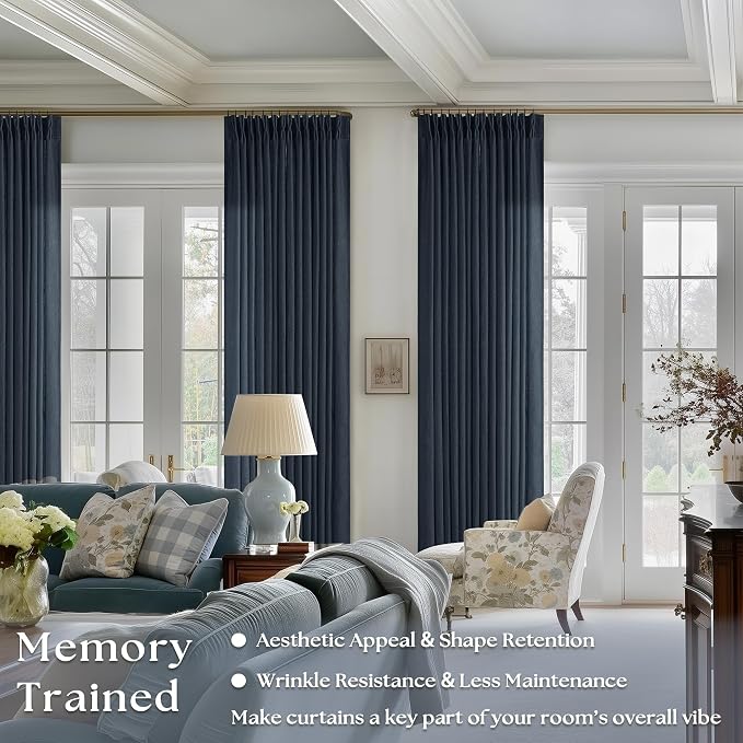 Pinch Pleated Navy Linen Curtains 84 Inches Long 2 Panels Set for Living Room Dining Pinch Pleat Back Tab Light Filtering Farmhouse Boho Retro Window Curtain Drapes 84 Inch Length Dark Blue Indigo