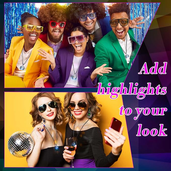 Sasylvia 12 Pcs LED Disco Ball Necklaces Light up Bead Necklaces 70s Disco Party Favors Glow in The Dark Bead Jewelry Costume Accessories for New Year Party Dance Supplies(Silver, White)