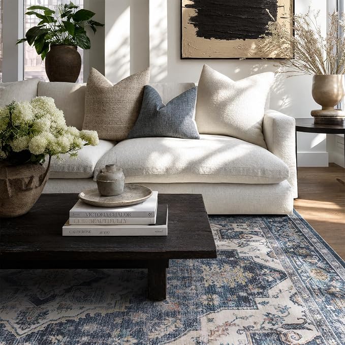 AMOAMI-Area Rug 5X7 Rugs for Living Room-Vintage Soft Blue Rugs for Bedroom-Non Slip Carpet-Machine Washable Rug for Dining Room Living Room Bedroom Office Under Table
