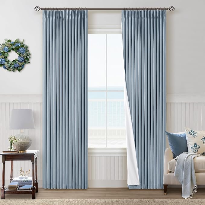 Blue Grey Pinch Pleated Full Blackout Curtains Linen 80 Inch Window Curtain | Room Darkening Thermal Insulated, for Living Room Bedroom, Back Tab Pinch Pleat Drapes with Hooks Rings, W40xL80 2 Panels