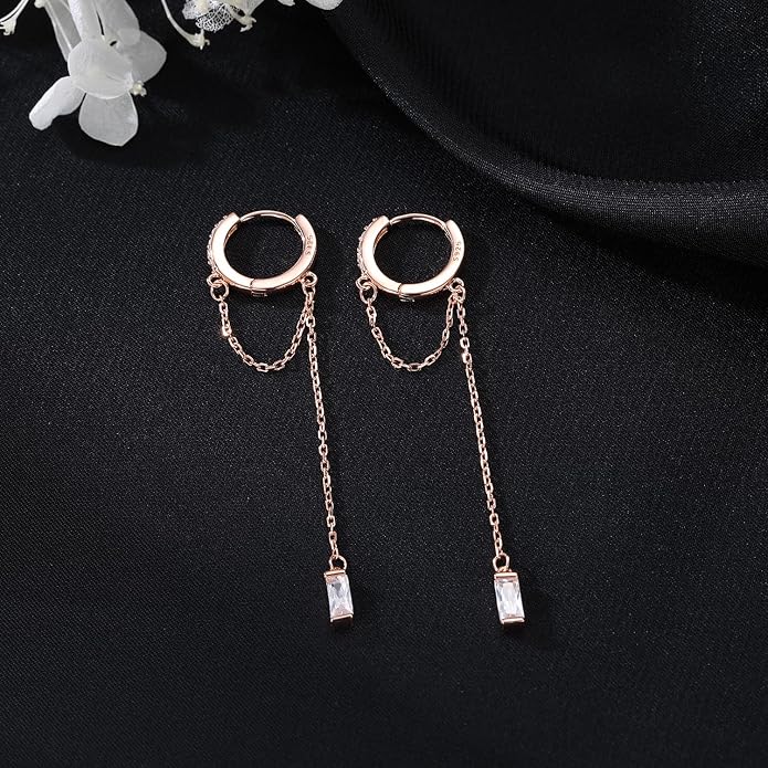 SLUYNZ Solid 925 Sterling Silver CZ Hoop Earrings Chain for Women Teens Hoop Earrings Tassel