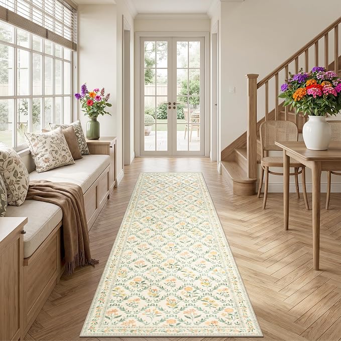 Runner Rug for Entryway: 2.6x10 Kitchen Rugs Non Slip Washable Ultra-Thin Soft Floral Carpet Indoor Floor Stain Resistant Carpets for Hallway Bedroom Kitchen Laundry Bathroom Dorm Beige/Multi