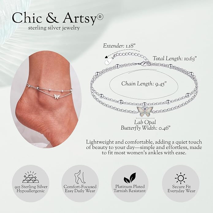 CHIC & ARTSY 925 Sterling Silver Ankle Bracelets for Women, Adjustable Layered Foot Chains with Nature & Symbol Charms, Lightweight Comfort Fit Boho Beach Everyday Jewelry