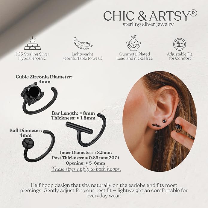 CHIC & ARTSY 925 Sterling Silver Half Hoop Earrings for Women, Small Huggie Hoops Set with Ball Bar Star Moon Cross & Pearl, Lightweight Comfort Fit Everyday & Sleep Earrings