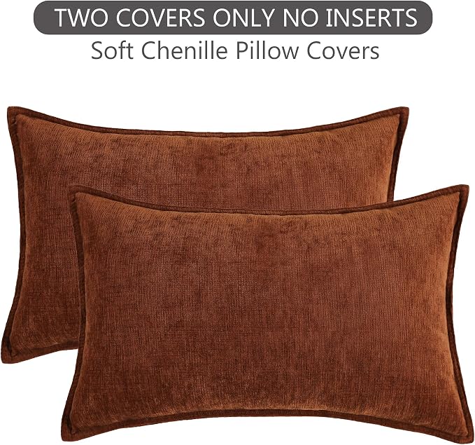 Stellhome Set of 2 Fall Decorative Pillow Covers Super Soft Textured Lumbar Chenille Throw Pillow Covers Accent Solid Cushion Cover for Couch Sofa Bedroom Living Room 12x20 Inch, Mocha Brown