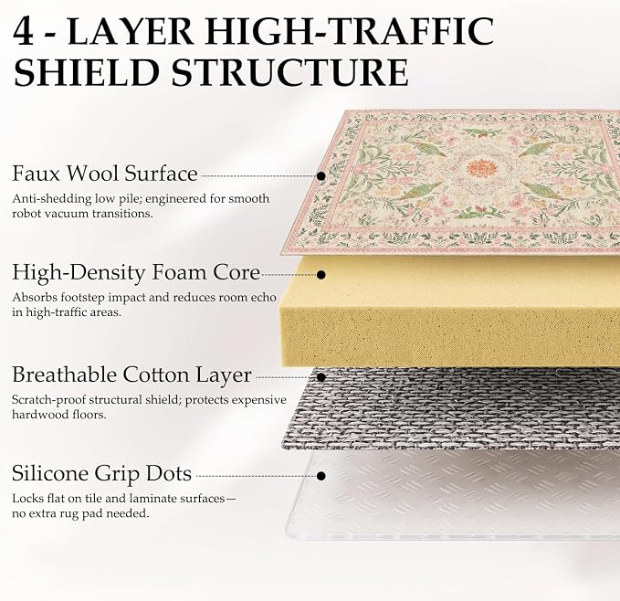 6'x9' Bohemian Floral Large Area Rug, Washable Living Room Rug, 0.3" Low Pile, Non-Slip Cotton-Backed Silicone Grip, Faux Wool Carpet for Dining Room Home Office, Cream/Pink/Sage