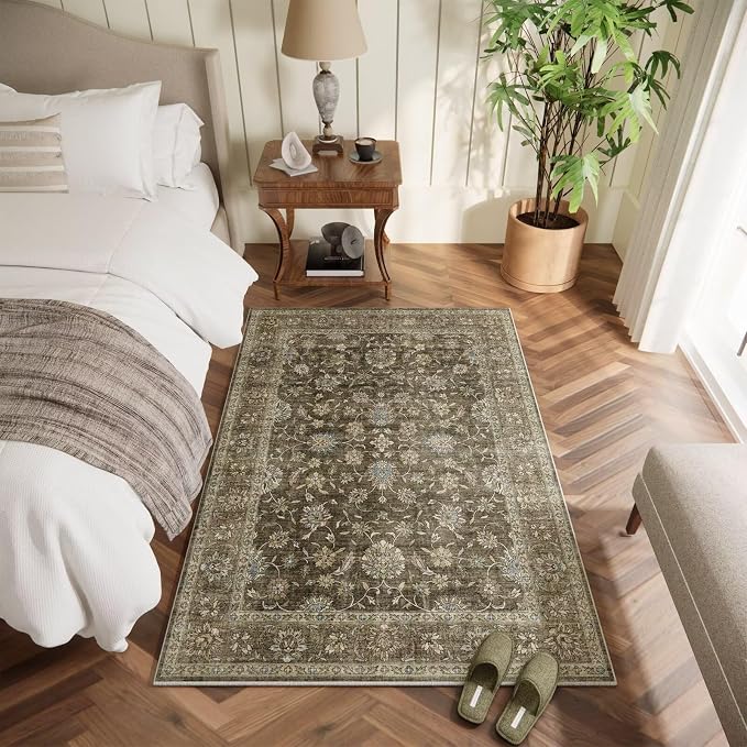 Washable 2x3 Entryway Rug, Boho Vintage Non-Slip Door Mat, Tan/Flaxen | 0.3" Neutral Throw Small Rugs for Bedroom Kitchen Nursery Entrance, Cushioned for High-traffic Area