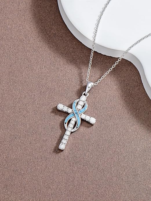 HPQQ Cross Necklace 925 Sterling Silver Turquoise Tree of Life Celtic Knot Cross Pendant Jewelry Mother's Day Gifts for Women