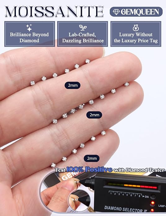 GEMQUEEN 6 Pairs 2-7mm Moissanite Earrings Studs 14K Gold Plated Stainless Steel Flat Back Earring for Women Men - Hypoallergenic Cartilage Helix Piercing Jewelry Brilliant Round Cut D Color VVS1 5.97CT