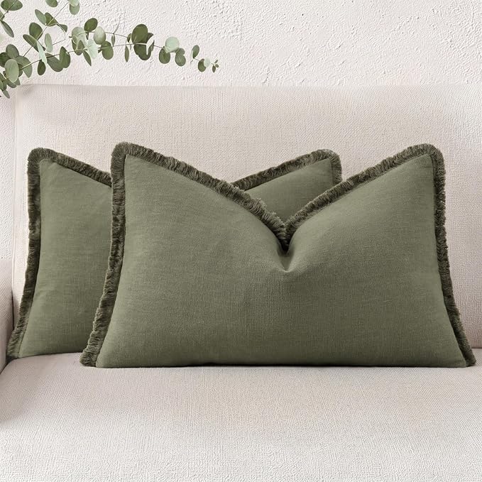 decorUhome Linen Fringe Olive Green Throw Pillow Covers 12x20 Set of 2 | Decorative Soft Accent Modern Boho Farmhouse Lumbar Cushion Covers with Tassels Cotton Pillow Covers for Couch Bed Sofa