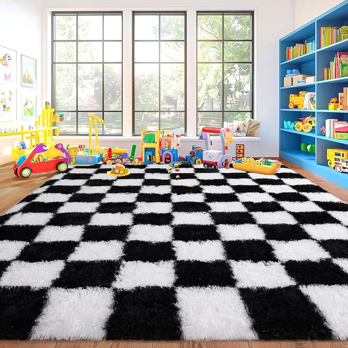 Pionblank Checkered Rug for Living Room, Modern Soft Shag 6x9 Area Rugs, Plush Fuzzy Carpet for Bedroom Girls Boys Room Home Nursery Teens Dorm Decor, Black and White