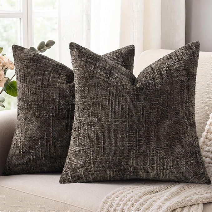 decorUhome Textured Chenille Throw Pillow Covers 20x20 Set of 2 Dark Brown | Fall Modern Farmhouse Soft Cozy Slubby Couch Pillow Cases Boho Decorative Pillow Cases for Bed Sofa Living Room Home Decor