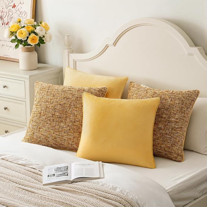 a moment Bright Yellow 4 Pack Throw Pillow Covers - Chenille & Velvet Set with Piping, Farmhouse Textured Design Pillow Cases for Couch Sofa Bed Livingroom (20x20 Inch, No Insert)