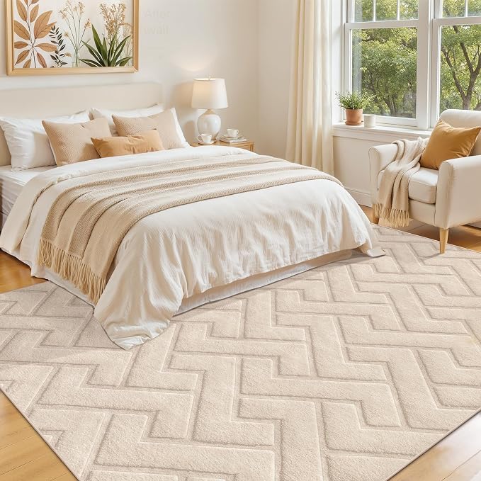 Ciicool 5x7 Area Rug for Living Room,Beige Washable High-Low Pile Carpet | Large Modern Textured Soft Fluffy Non Slip Mat Stain Resistant Non Shedding Geometric for Kids Bedside Bedroom Dining Room