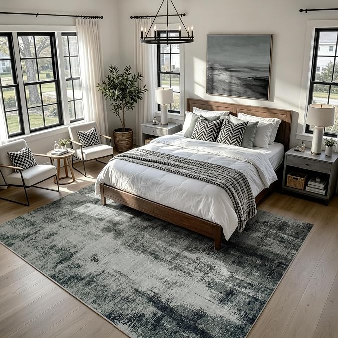 Washable Rugs 8x10 Area Rugs for Living Room,Bedroom,Dining Room-Neutral Modern Abstract Rugs with Non Slip Backing,Large Soft Carpet for High-Traffic Areas Nursery Home Office(Gray Black)