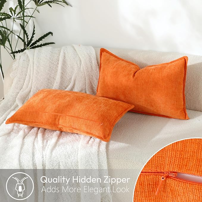 Stellhome Lumbar Chenille Throw Pillow Covers Set of 2 Super Soft Textured Decorative Pillow Covers Accent Solid Cushion Cover for Couch Sofa Bedroom Living Room 12x20 Inch, Orange