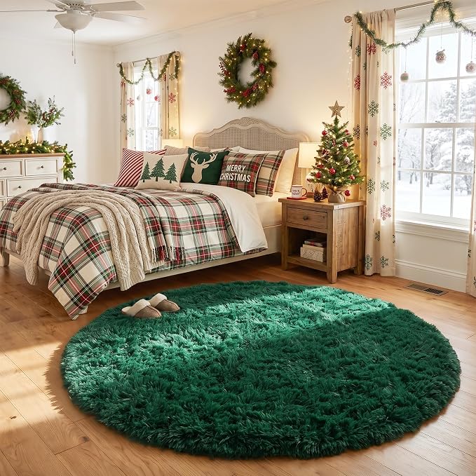 Amdrebio Dark Green Fluffy Round Rugs 5Ft for Bedroom, Thick Floor Circle Rug for Kids, Teens Room Decor, Furry Shag Area Rug for Living Room, Baby Nursery, Dorm, Fuzzy Plush Fur Emerald Green Carpet