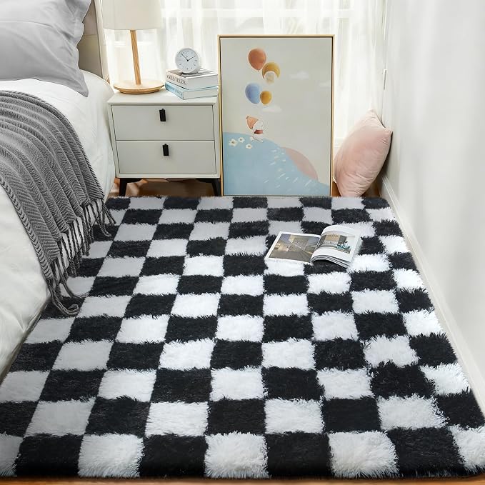 Ophanie Checkered Black & White Rug for Living Room Bedroom,Fluffy Soft Cute Fuzzy Area Rugs,Shag Plush Shaggy Bedside Floor 4x6 Furry Carpet Kids Baby Teen Dorm Decor with Over 99 pcs Pile fibers