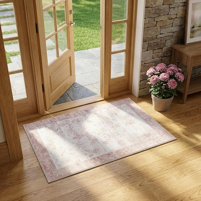 Washable Distressed Area Rug 2'x3' - Non-Slip Silicone Backing Door Mat for Entryway Bathroom - 0.26" Low Pile Water Resistant Faux Wool Rug for Vintage Farmhouse Accent, Pink & White