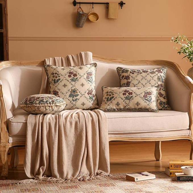 patdrea French Vintage Linen Throw Pillow Cover,Set of 4-Audrey | Decorative Pillow Case with Zipper,Brown Floral Pattern,Pillow Cover for Couch Living Room Bedroom Sofa