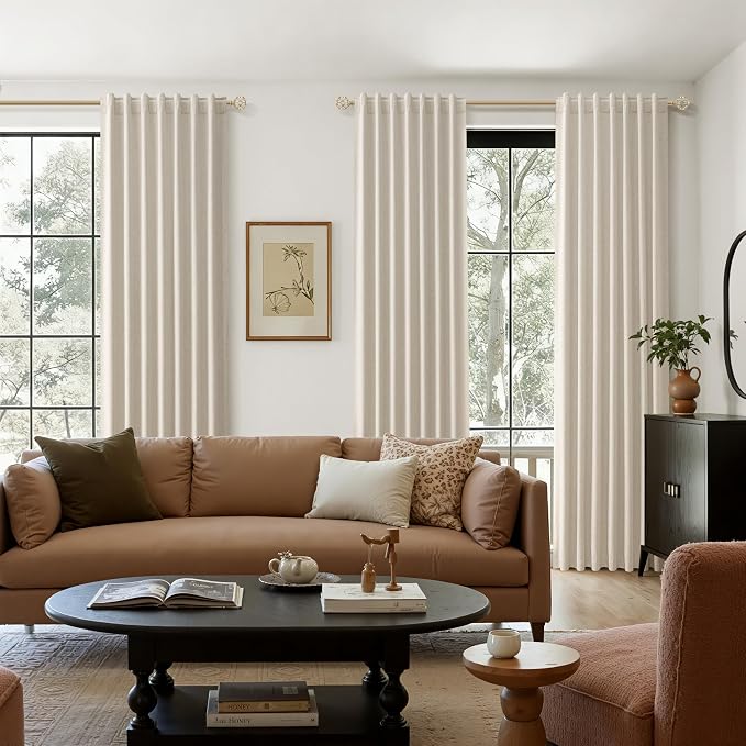 Guken Extra Long 100% Blackout Linen Curtains for Bedroom 108 inches Long, Thermal Insulated Room Darkening Black Out Drapes for Living Room, Back Tab Rod Pocket 2 Panels Set,Taupe Burlywood,52x108