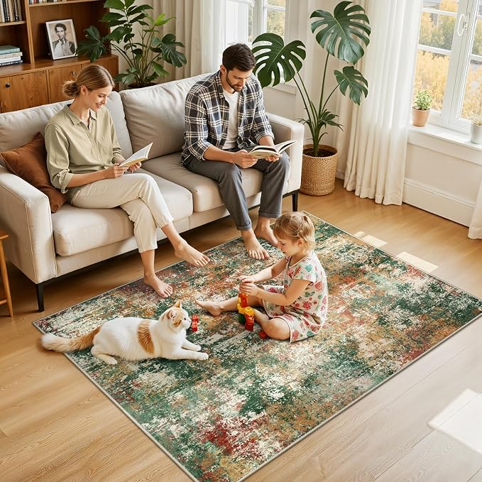 RELEANY Washable Area Rugs 4'x6' Non-Slip Modern Abstract Soft for Living Room Entryway Bedroom Kitchen, Print Pattern, Green Orange Rust Red Cream Colorful