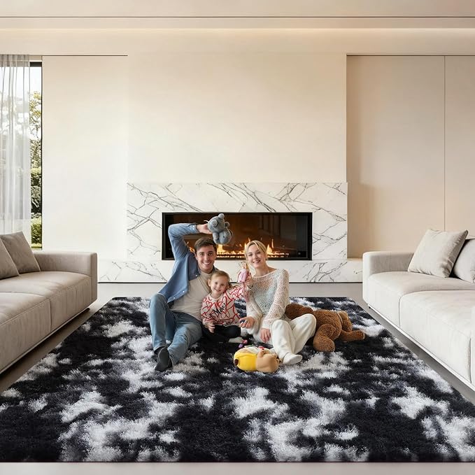 Area Rugs 9x12 Living Room, Large Fluffy Rugs for Bedroom, Fuzzy Shag Soft Non-Slip Carpet for Kids Girls and Boys Nursery Dorm Indoor Room Home Decor (9ft X 12ft, Black and White)