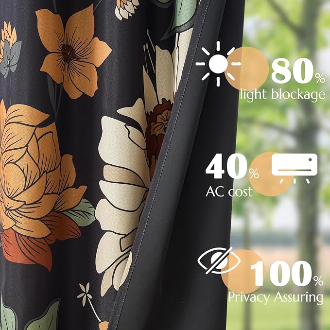 jinchan Black Boho Floral Blackout Curtains 102 Inch Grommet 2 Panels | Room darkening, Vintage, living room, bedroom, privacy, floral print, flower pattern, fall decor, window treatments