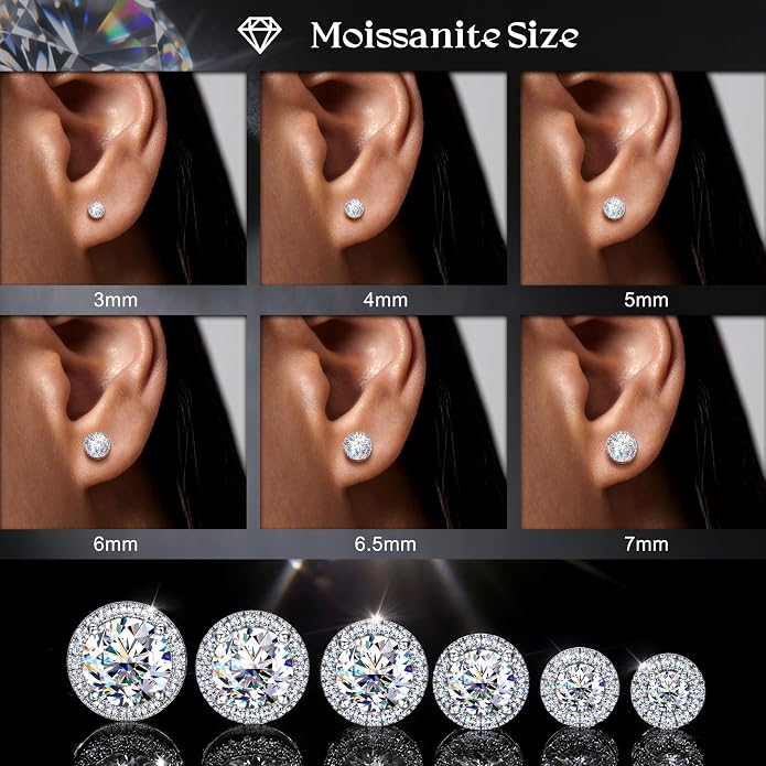 Moissanite Stud Earrings with Flat Back - 925 Sterling Silver D Color VVS1 Moissanite Earring for Women Men,14K White Gold Plated Brilliant Halo Stud Earrings Hypoallergenic Jewelry for Sensitive Ear