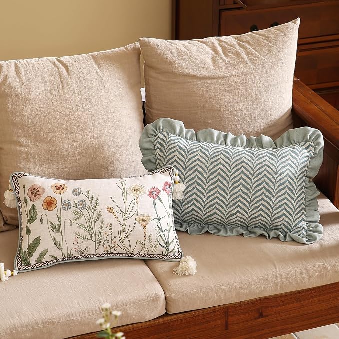 ISAENNE Designer Vintage Linen Throw Pillow Cover,20"x12"-Serenity D | French Elegant Rectangle Decor Pillow Cover,Concealed Zipper Design,Light Beige,Sofa,Bedroom,Living Room,Chairs