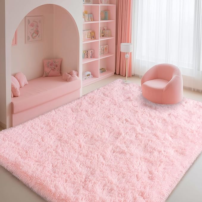 8x10 Area Rugs for Living Room Bedroom, Large Pink Shag Fluffy Rug | Bedroom and Nursery, Soft and Comfy, Big Fuzzy Carpet for Kids, Girls Room Dorm Home Decor Aesthetic, Upgrade Non Slip