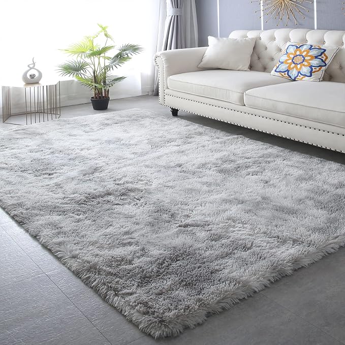 Grey Shag Area Rug 5x7 Bedroom - Soft Fluffy Carpet Tie-Dyed Light Gray | Artistic Tie-Dye Light Gray Unique Gradient Pattern Adds a Creative, Calming Touch That Blends Into Any Modern Bedroom Decor