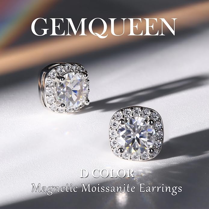 GEMQUEEN Moissanite Magnetic Earrings for Men : 18K White Gold Plated Hypoallergenic Stainless Steel Non Piercing Clip on Fake Earrings Studs Halo Round Square Diamonique Earring Women D Color VVS1