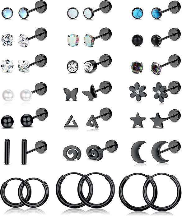 LOLIAS 21Pairs Surgical Steel Flat Back Earrings Hypoallergenic 20G Screw Back Nap Stack Cartilage Earring Stacks
