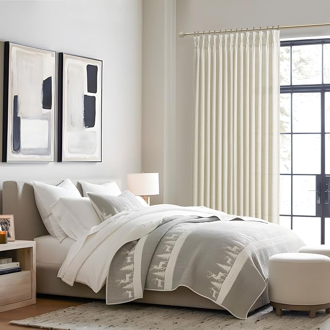 Pinch Pleated 70 Inch Extra Wide Cream Light Filtering Dining Room Curtains 96 Inches Long, Memory Shape Natural Linen Semi Sheer Privacy Modern Windows Curtain 8 FT Length Viral Drapes 2 Panels Set