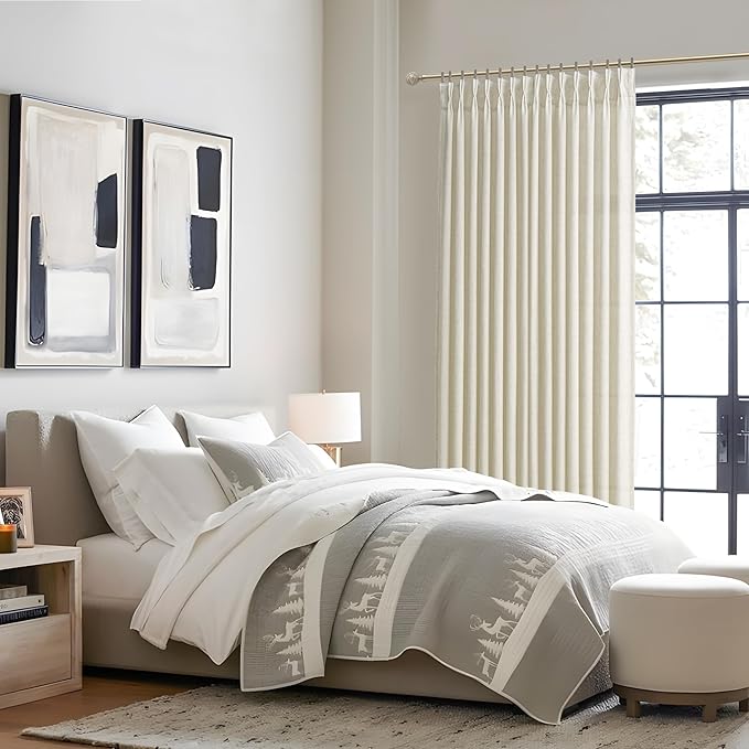 Extra Wide 70 Inch Cream Light Filtering Curtains 108 Inches Long 2 Panels Set for Living Room, Memory Shape Pinch Pleated Linen Semi Sheer Neutral Windows Curtain 9 FT Length Privacy Heavy Drapes