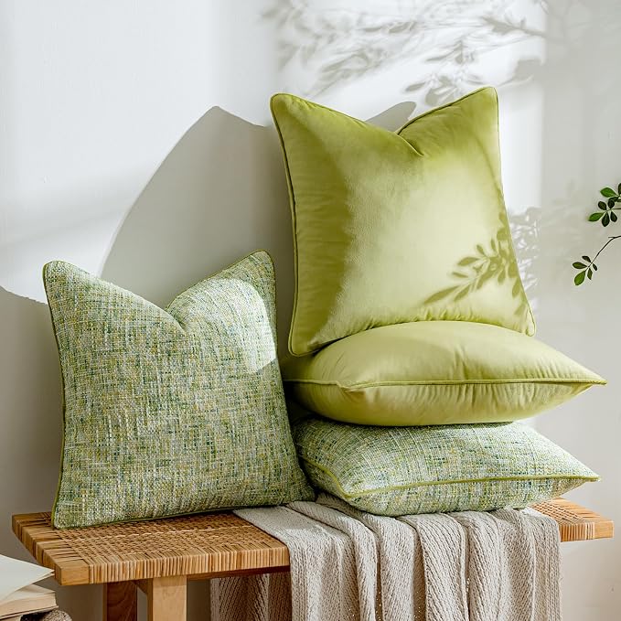 a moment Green 4 Pack Throw Pillow Covers - Chenille & Velvet Set with Piping, Farmhouse Textured Design Pillow Cases for Couch Sofa Bed Livingroom (16x16 Inch, No Insert)