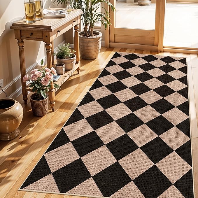3x6 Kitchen Runner Rug Washable: Non Slip Diamond Pattern Faux Jute Rug | Thin Easy Clean Indoor Farmhouse Boho Rug for Entryway Hallway Bedroom - Outdoor Patio Rug, Home Decor Mat (Black/Brown,3x6)