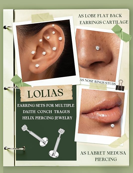 LOLIAS 4 Pairs Moissanite Flat Back Earrings Hypoallergenic-Threadless Push in Nose Rings Studs for Women Men 14K Gold Plated Surgical Steel Cartilage Helix Tragus Labret Piercing Jewelry Kit Taper Ball Grabber Tool 20G 18G 16G