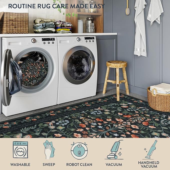 Lahome Black Floral Washable Area Rug 8x10, Vintage Non Slip Stain Resistant Carpet for Living Room Bedroom, Low-Pile Soft Boho Rug for Dining Room Office, Machine Washable Home Decor, Black