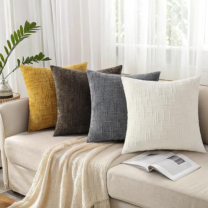 decorUhome Textured Chenille Throw Pillow Covers 20x20 Set of 2 Cream White | Fall Modern Farmhouse Soft Cozy Slubby Couch Pillow Cases Boho Decorative Pillow Cases for Bed Sofa Living Room Home Decor