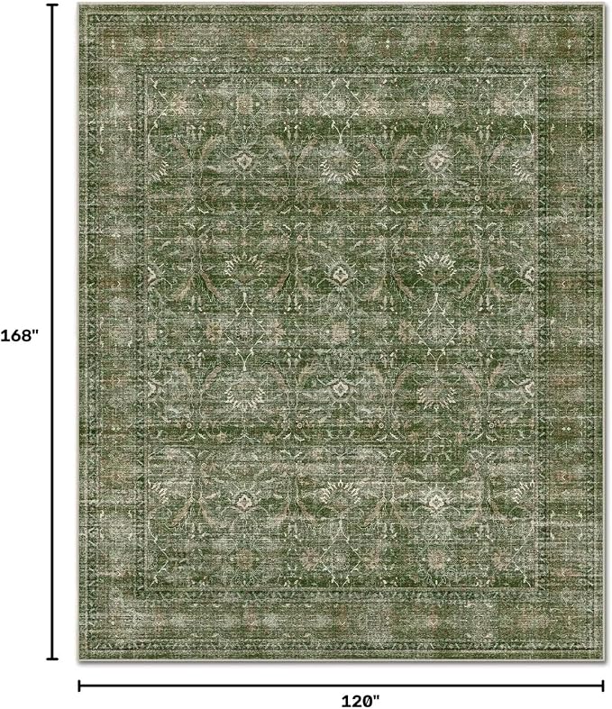 Boho Washable 10x14 Area Rugs for Living Room, Cushioned, Grass Green | Vintage Non-slip Neutral Oriental Rugs for Bedroom Dining Room Nursery Office High Traffic Area