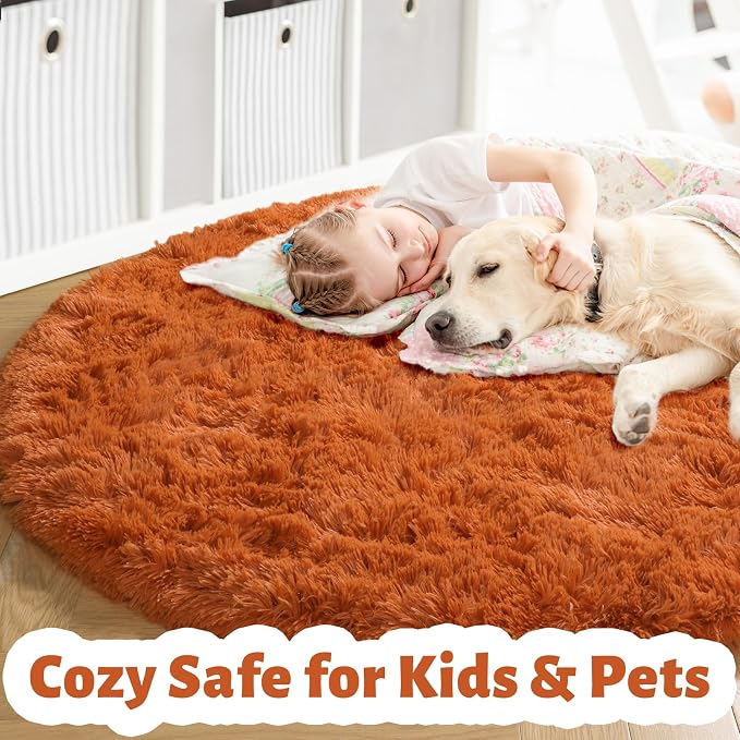 Amdrebio Burnt Orange Large Round Rugs 8Ft for Living Room Bedroom, Big Shaggy Plush Fuzzy Furry Circle Area Rugs for Kids Room Decor Aesthetic, Fluffy Shag Dark Orange Carpet for Apartment Classroom