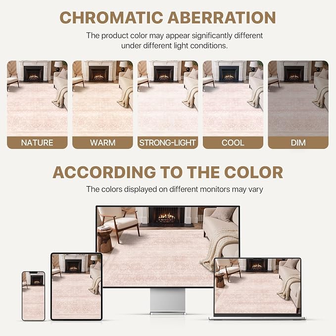 BESBLEE 8X10 Area Rugs Machine Washable Rugs for Living Room, Vintage Boho Large Rugs for Bedroom Dining Room, Non Slip Indoor Soft Distressed Lightweight Thin Low Pile Carpet, Pink