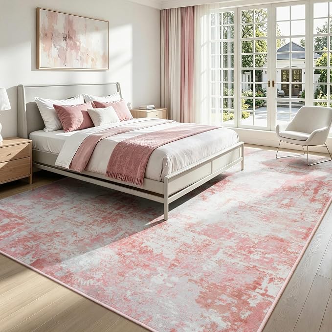 Rugflix 5x7 Area Rugs for Nursery Girls Room, Washable Large Rug Stain-Resistant Low Pile, Modern Non Slip Carpet for Kids Bedroom Living Room Home Office, Pink/White