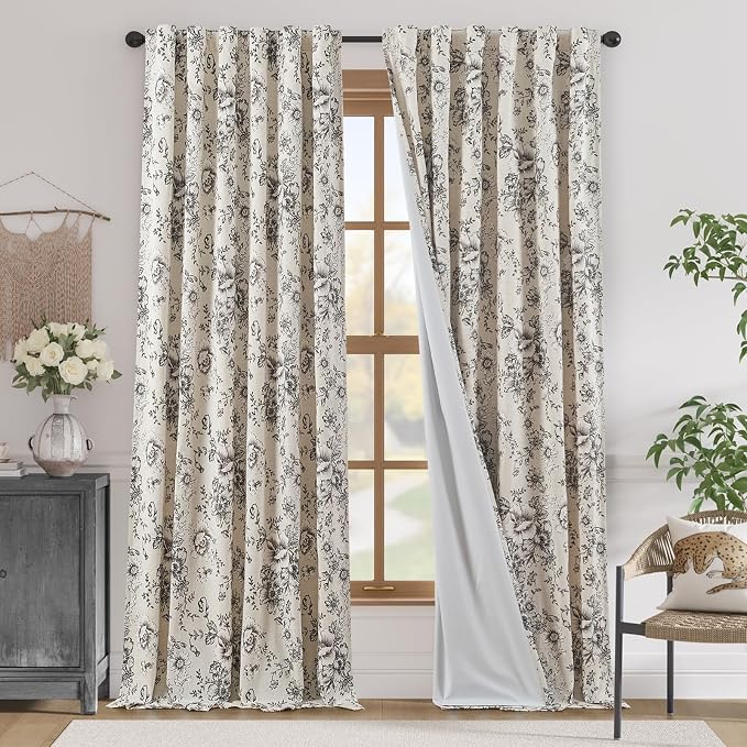 jinchan Black Floral Linen Curtains Lined 96 Inch Vintage Back Tab 2 Panels | Privacy lining, light filtering drapes, vintage, cottagecore, french country, rustic, bedroom, living room, window treatment